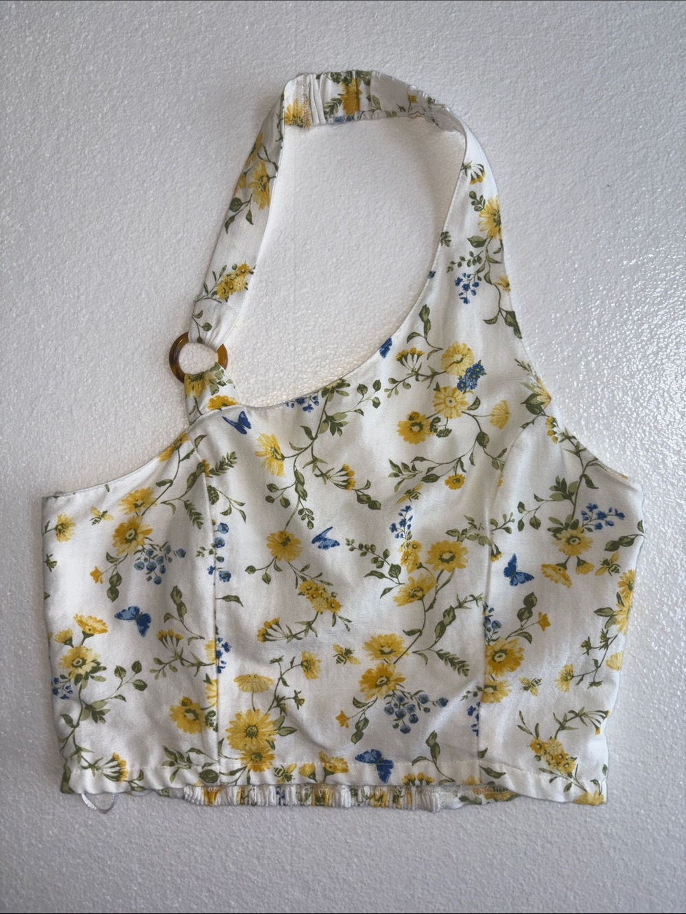 NWT Ladies Midnight Sky Linen Blend White/Blue/Gold Floral Halter Crop Top Sz S